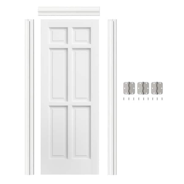 30 in. x 80 in. Left-Handed 6-Panel MDF Solid Wood White Single Prehung Interior Door with Door Jamb Hardware Kits