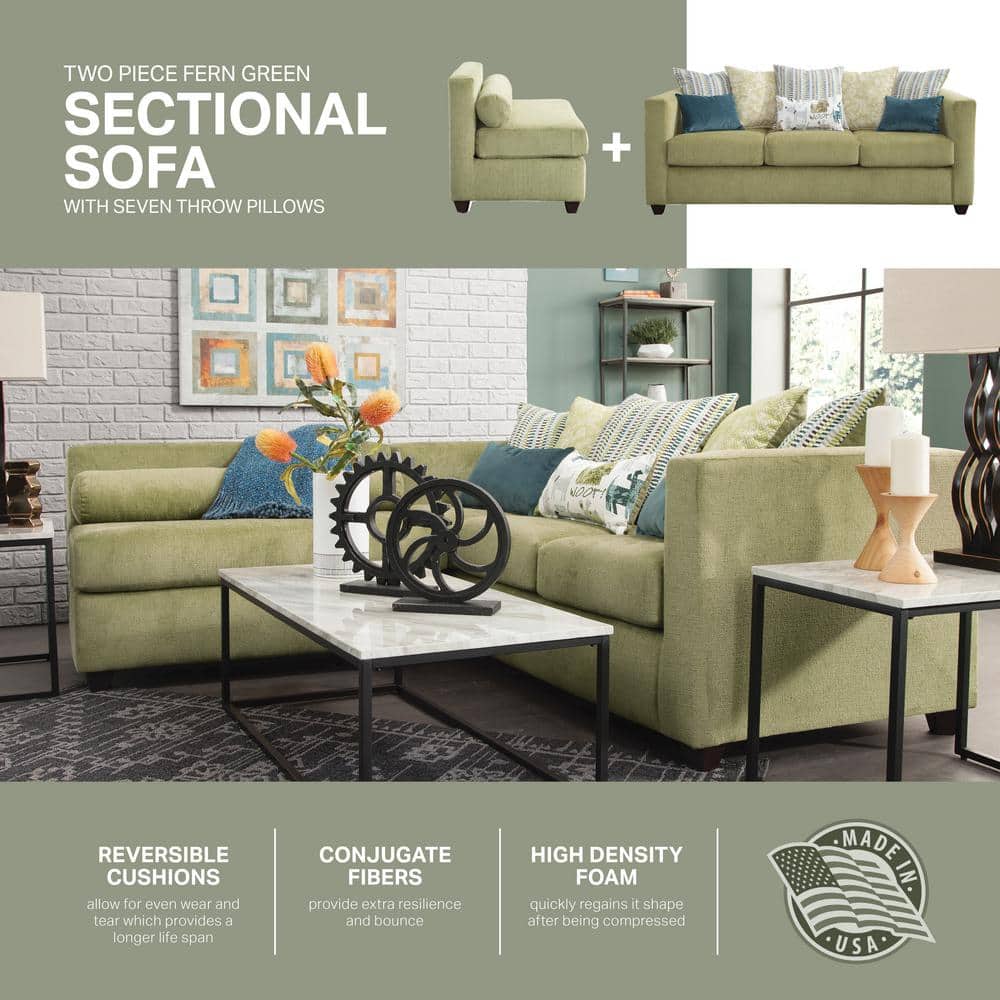 Fern Green Chenille Fabric 2-Piece Sectional Sofa with Throw Pillows