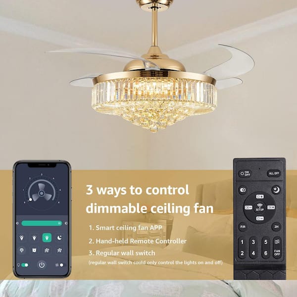 Modern 52 in. Smart Indoor Gold Crystal Retractable Invisible Chandelier Ceiling Fan with Dimmable Integrated LED