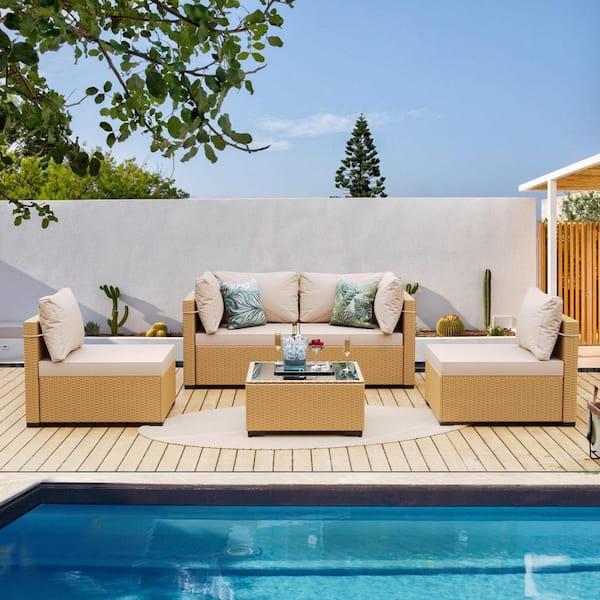 PATIOGUARDER 5-Piece Beige Wicker Patio Conversation Set with Beige Cushions and Coffee Table