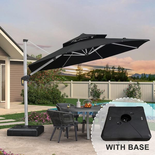 11 ft. Octagon High-Quality Aluminum Cantilever Polyester Outdoor Patio Umbrella with Stand, Black