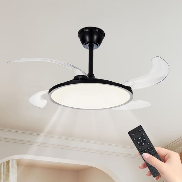 42 in. Retractable Black Leaf Style Ceiling Fan, LED Light Fandelier, Quiet Downrod Mount Fan Light