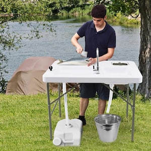 Folding White Metal Camping Table Portable Fish Cleaning Table with 2 Sink S and Holder and Measuring Mark