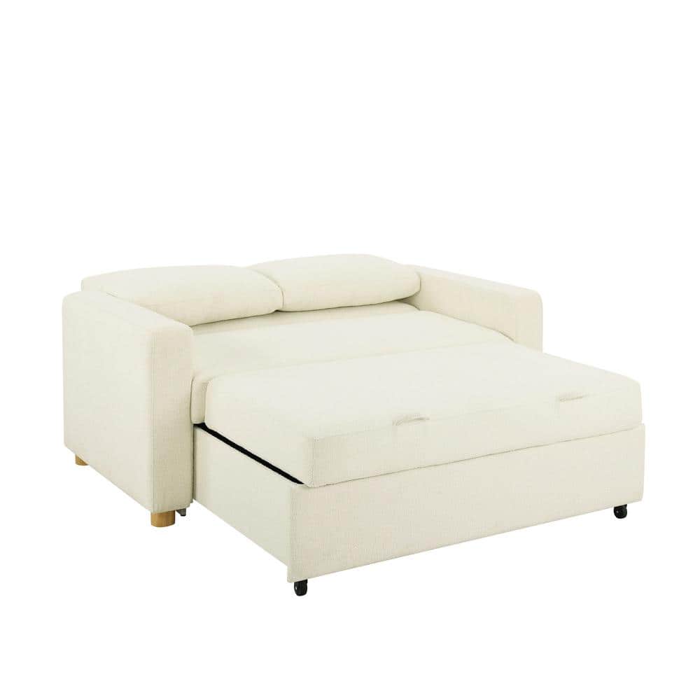 Ivory Boucle Full Size Convertible Sleeper Sofa with Wood Legs