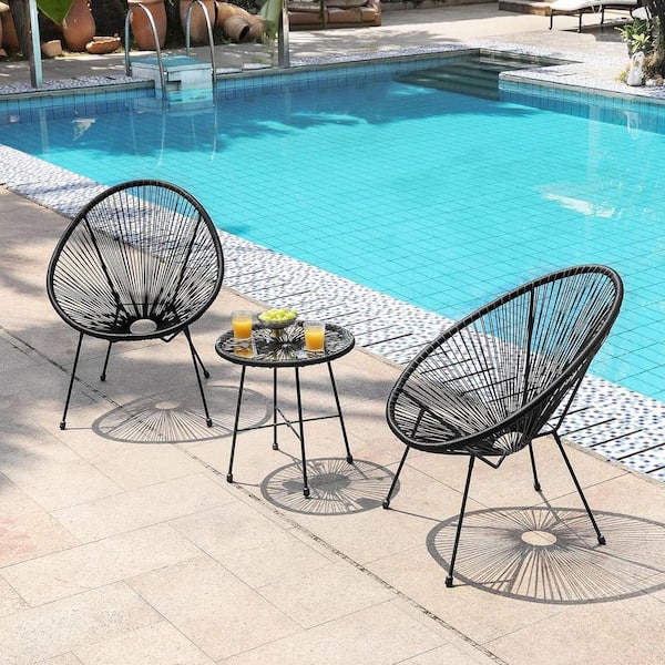 Black 3-Piece Metal Outdoor Bistro Set with Glass Top Table and 2 Chairs