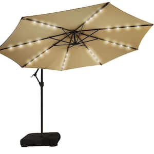10 ft. Solar LED Patio Offset Umbrella Outdoor Cantilever Umbrella Hanging Umbrellas with Weighted Base in Beige