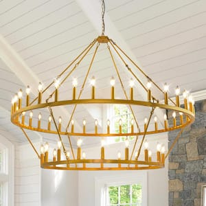 60 in. 54-light 2 Tier Gold Extra Large Farmhouse Wagon Wheel Loft Retro Round Chandelier for Living Room Foyer Cafe Bar