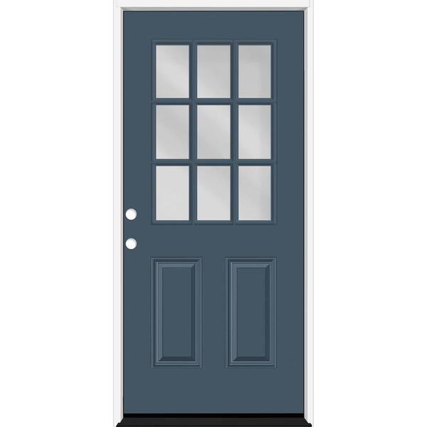 Steves & Sons Reliant 32 in. x 80 in. 2P HalfLite 9L SDL Clear Glass RHIS DarkDenim Finish Fiberglass Prehung Front Door w/4-9/16 Jamb