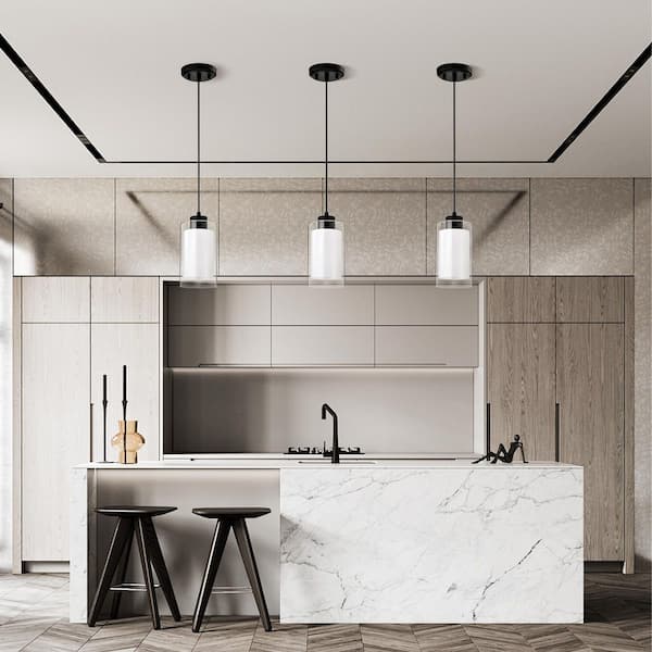 Avenue 1-Light Matte Black Mini Pendant Light with Clear Glass and White Glass Dual Shades, 4.75 in.