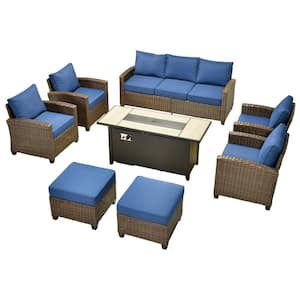 Pirani Brown 8-Piece Wicker Patio Rectangle Fire Pit Conversation Set Navy Blue with Cushions