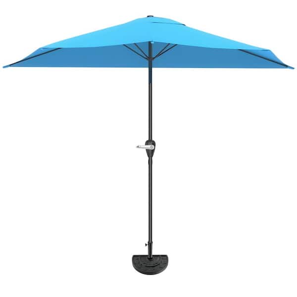 Pure Garden 9 ft. Steel Half Market Outdoor Patio Umbrella with Hand Crank and Base in Brilliant Blue