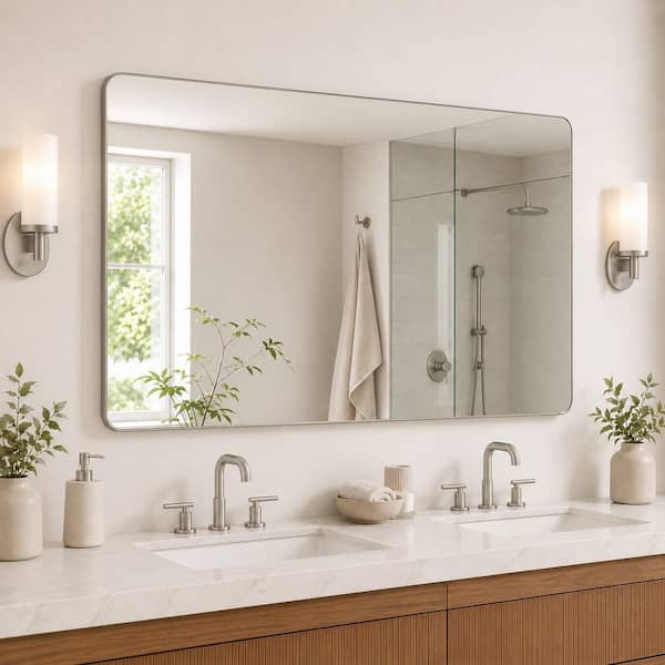 60 in. W x 36 in. H Rectangular Framed Wall Bathroom Vanity Mirror in Brushed Nickel