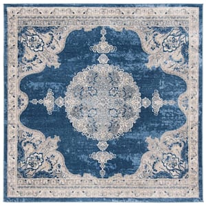 Brentwood Navy/Light Gray 7 ft. x 7 ft. Square Medallion Floral Distressed Area Rug
