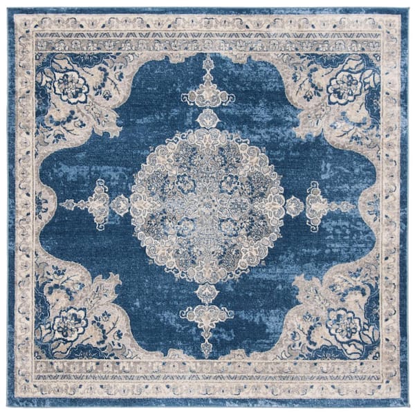 SAFAVIEH Brentwood Navy/Light Gray 9 ft. x 9 ft. Square Medallion Floral Distressed Area Rug