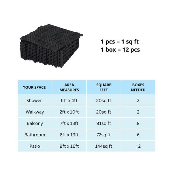LIVIZA 1 ft. x 1 ft. Anti-Slip Plastic Deck Tile in Black (12-Piece), Rosette Pattern