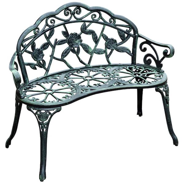 Misopily Floral Rose Accent 2-Person Cast Aluminum Heavy-Duty Outdoor Bench with Classic Slatted Style & Curves in Antique Green