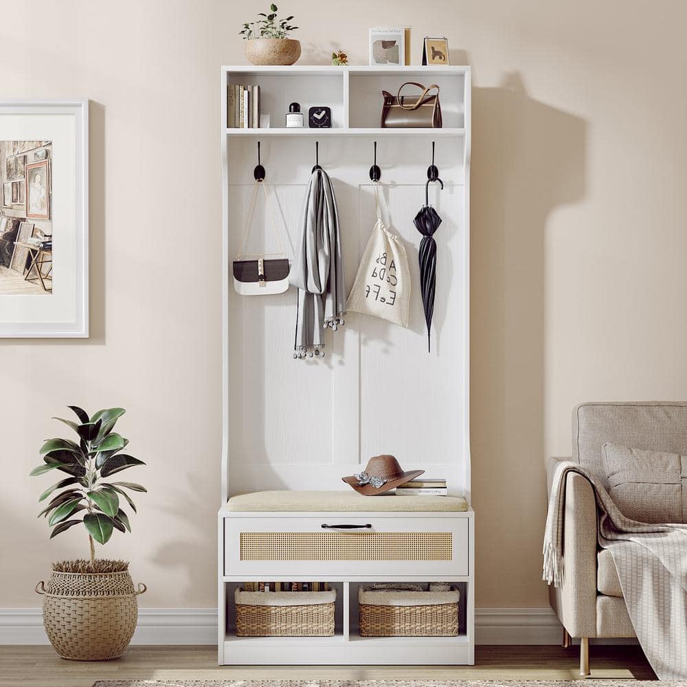 White Hall Tree with Bench, Rattan Storage and Cushion