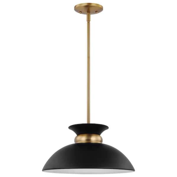 SATCO Perkins 100-Watt 1-Light Matte Black/Burnished Brass Shaded Pendant Light with Black Metal Shade, No Bulbs Included