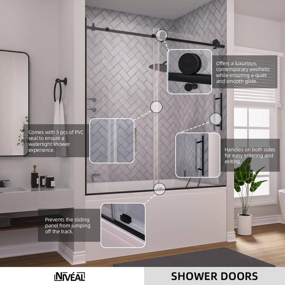60'' Matte Black Semi-Frameless Sliding Tub Door with Clear Glass