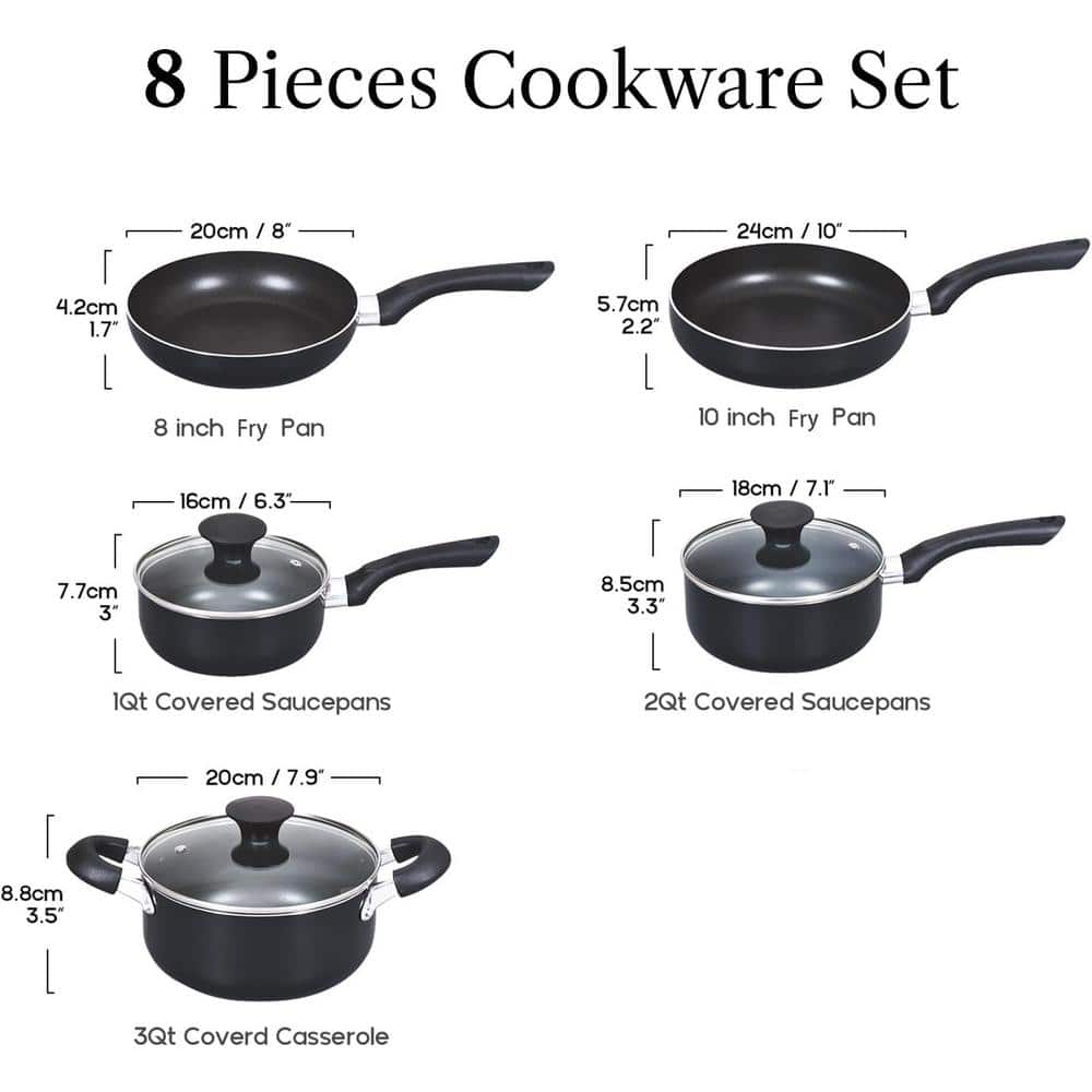 8-Piece Black Nonstick Aluminum Cookware Set with Stay-Cool Handles