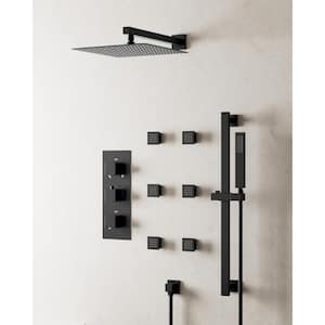 Thermostatic Triple Handle 5-Spray Patterns 12 in. Shower Faucet with 6-Jets in Matte Black (Valve Included)