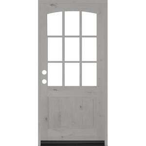 32 in. x 80 in. Knotty Alder Right-Hand/Inswing 9-Lite Arch Top V-Panel Clear Glass Grey Stain Wood Prehung Front Door