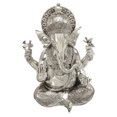 16 in. X 12 in. Antique Silver Sitting Ganesh Sculpture with Patterned Detailing