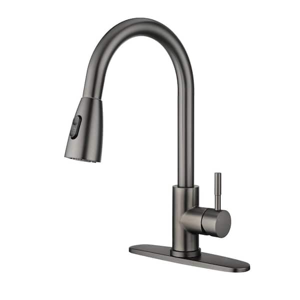 IVIGA Stainless Steel Single Handle Pull Down Sprayer Kitchen Faucet with 2-Mode Advanced Spray, Deckplate in Gray