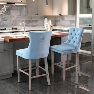 41.30 in. Light Blue Velvet Upholstered Barstools with Button Tufted and Chrome Nailhead Trim (Set of 2)
