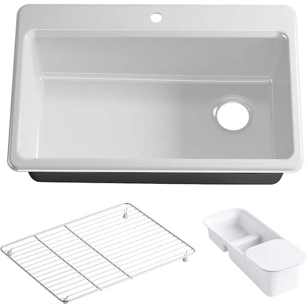 KOHLER Riverby Drop-In Cast-Iron 33 in. 1-Hole Single Bowl Kitchen Sink Kit with Accessories in Ice Grey