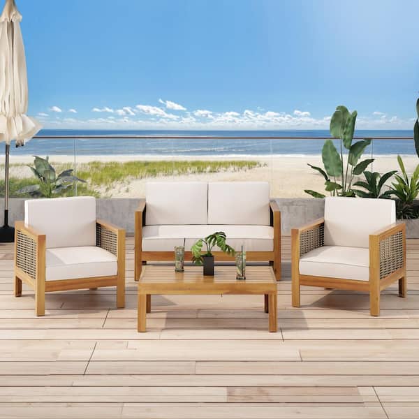 Noble House Linwood Teak Brown 4-Piece Wood Outdoor Patio Conversation Set with Beige Cushion and Mixed Brown Faux Wicker Accents