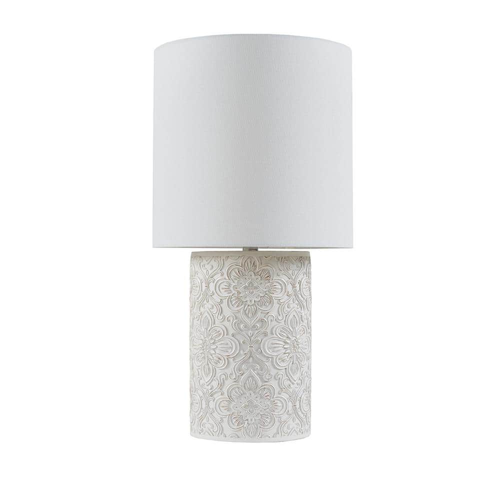 Ivory Floral Embossed Resin Cylinder Table Lamp with 3-Way Switch