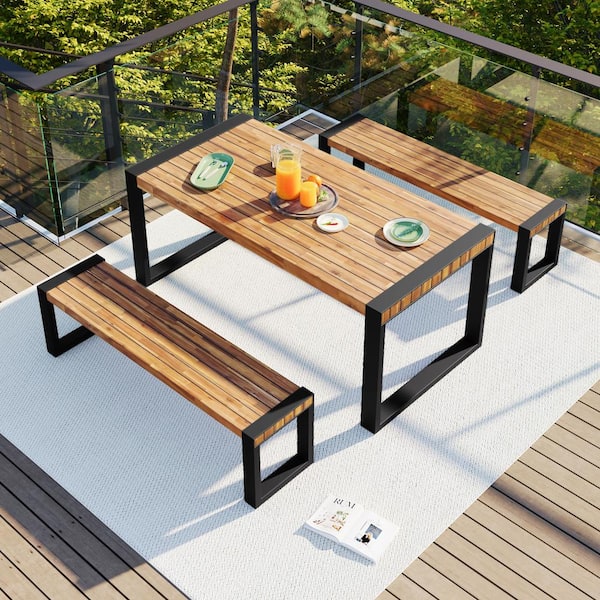 Zeus & Ruta 3-pieces Natural Steel Outdoor Patio Dining Set, Dining Table With 2 Benches, With Unique Top Texture, Acacia Wood Top