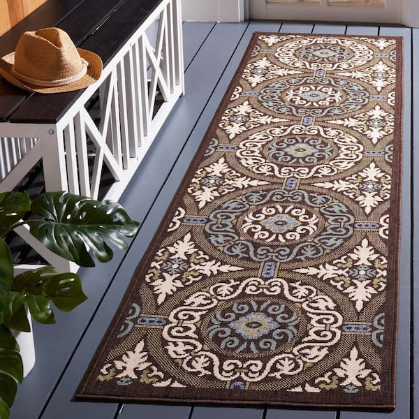 Veranda Chocolate/Cream 2 ft. x 8 ft. Border Geometric Indoor/Outdoor Runner Rug