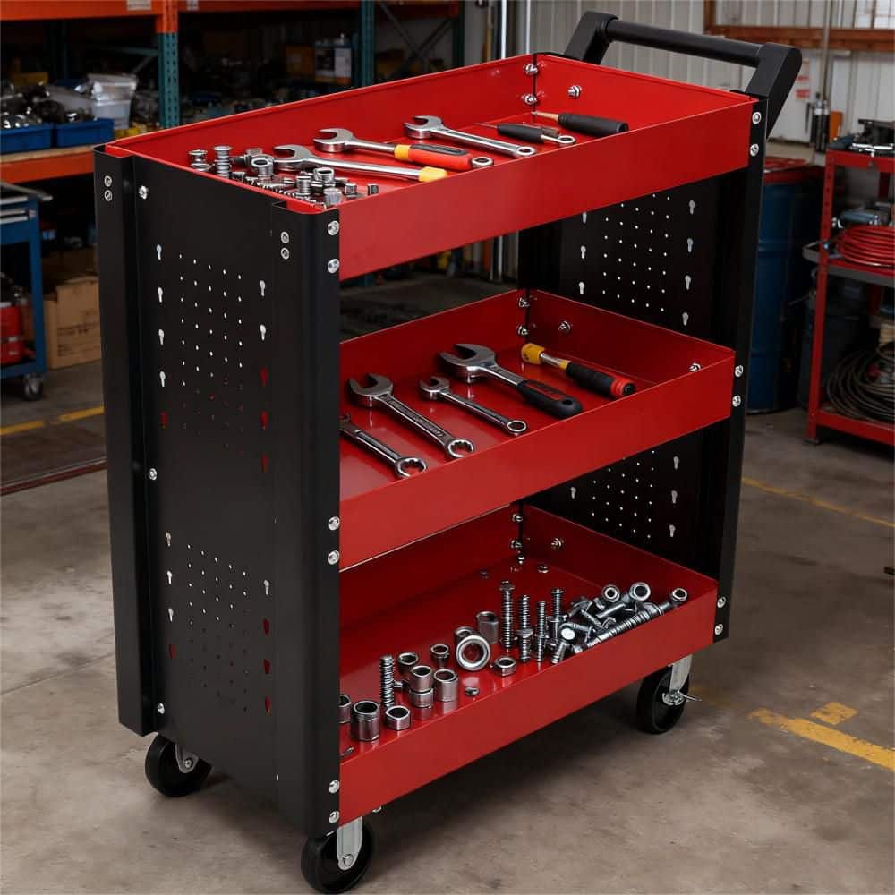 Tileon 3 Tier Rolling Tool Cart with Wheels, Heavy Duty Utility Tool Cart with Pegboard for Garage, Warehouse in Red