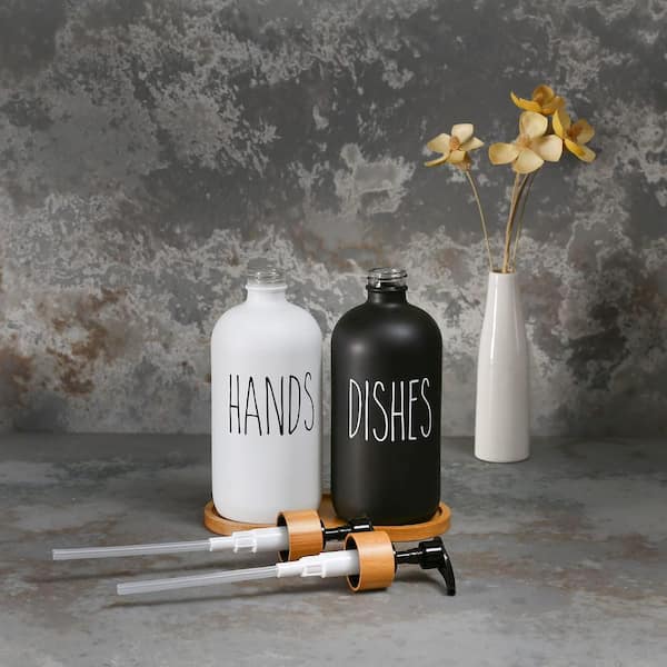 Kitchen Hand & Dish Soap Dispenser Set Glass Bamboo Black White Decor Tray Lot