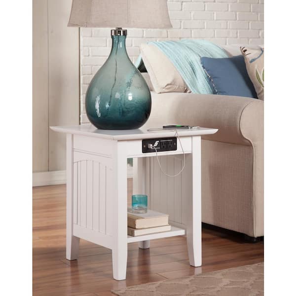 white side table with charging station