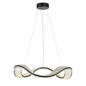 1-Light Integrated LED Matte Black Wave Chandelier with Crystal Accents