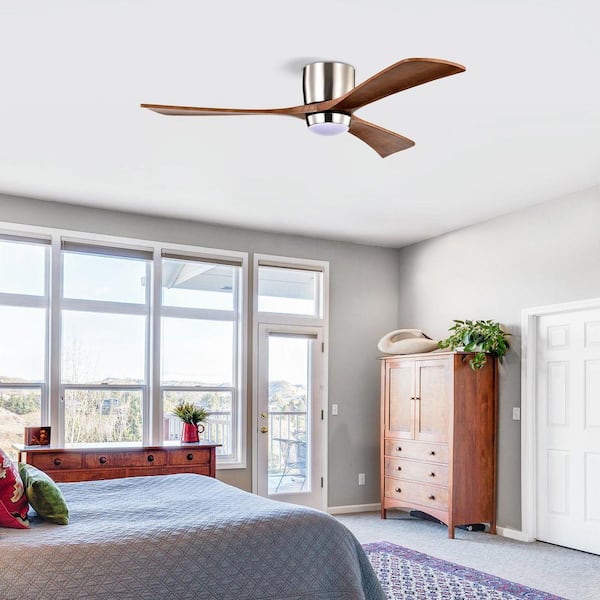 Light Pro 52 in. Smart Indoor Nickel Flush Mount Low Profile Standard Ceiling Fan with Brown Finish and Remote Control