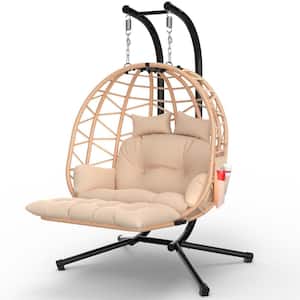 Outdoor Brown Double Egg Chair Hanging Basket Chair Lounge Chair, Rattan Wicker Swing Chair with UV Resistant Cushion
