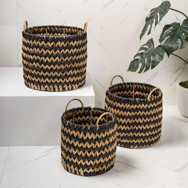 Cassia Black 14.96 in. x 15.35 in. Water Hyacinth Wicker Nesting Storage Decorative Basket, Black/Natural (Set of 3)