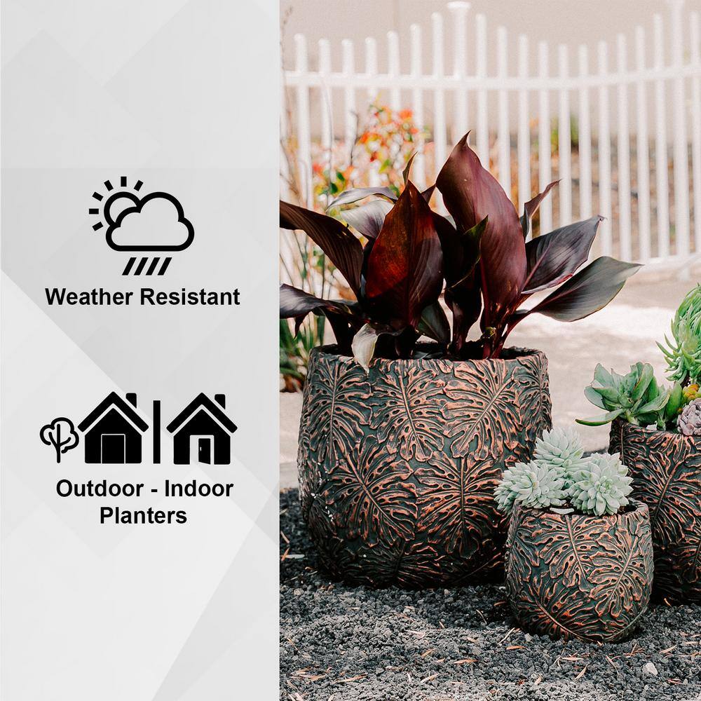 Set of 3 Round Brown and Bronze Fiberstone Outdoor Planters