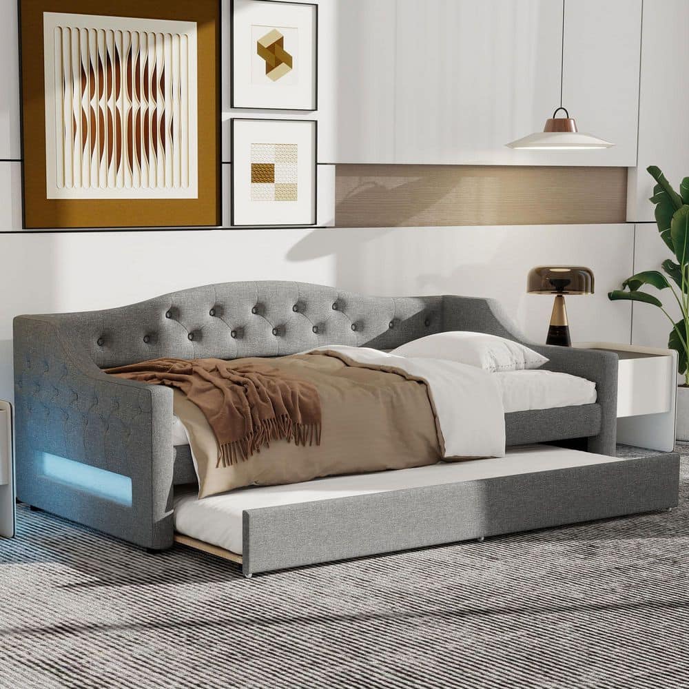 Gray Twin XL Size Daybed with LED Belt and Trundle