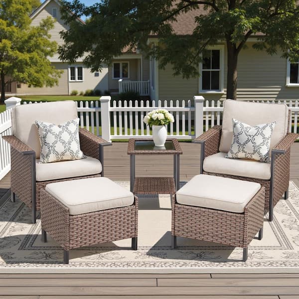 Buenaola 5-Piece Brown Wicker Patio Conversation Set with Side Table, Outdoor Chat Seating Set with Beige Cushions