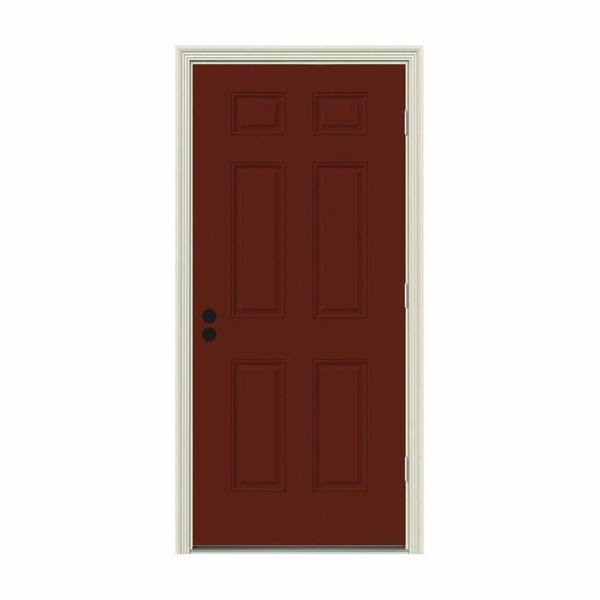 JELD-WEN 34 in. x 80 in. 6-Panel Mesa Red Painted Steel Prehung Left-Hand Outswing Front Door w/Brickmould
