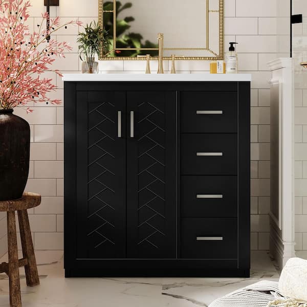 30 in. Freestanding Black Bath Vanity with White Ceramic Top, 3-Drawers and Soft Closing Doors