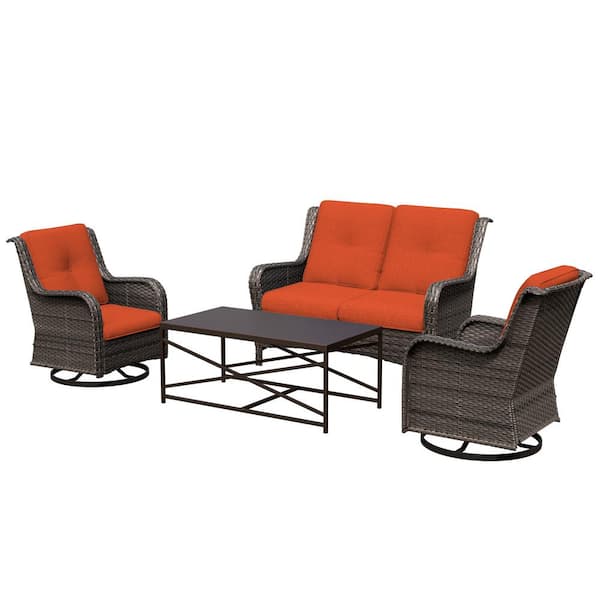 4-Piece Wicker Patio Conversation Set Loveseat Sofa Coffee Table with Orange Cushion