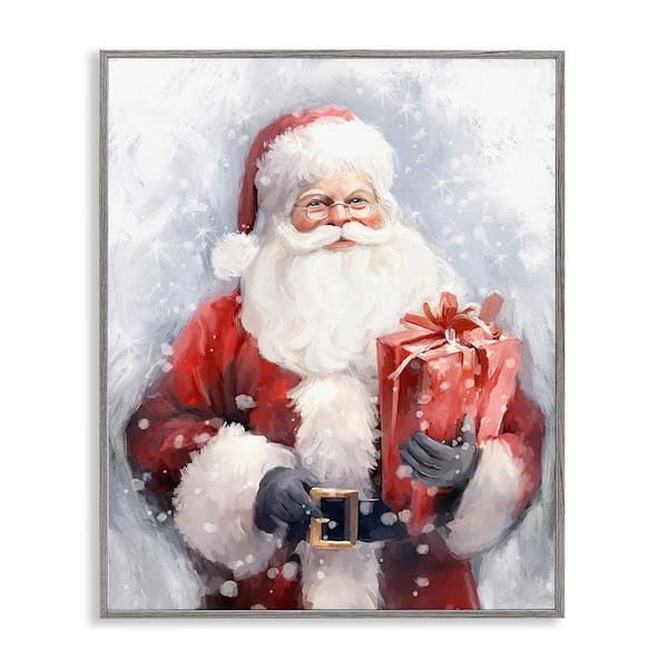 Stupell Industries Santa with Red Gift by Ramona Murdock 1-Piece Framed Graphic Print People Poster Art Print 20 in. x 16 in.