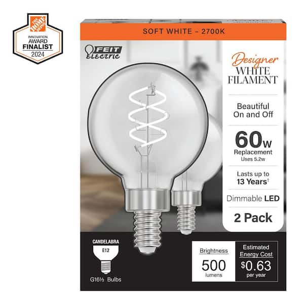 Feit Electric 60-Watt Equivalent G16.5 Double Spiral White Thin Filament Clear E12 Candelabra LED Light Bulb, Soft White 2700K(2-Pack)