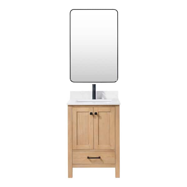 ROSWELL Shannon 24 in. W. x 22 in. D x 34 in. H Single Bath Vanity in Fir Wood Brown with White Composite Stone Top and Mirror